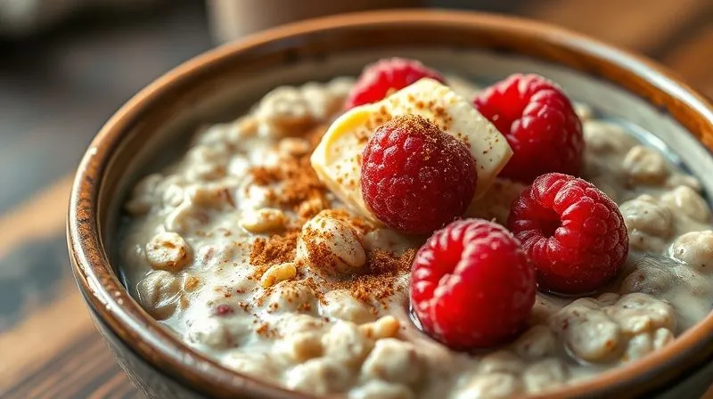 A close-up, photorealistic image of the "Turbo-Syto??" protein oatmeal recipe, beautifully presented in a rustic ceramic bowl, topped with vibrant, glistening thawed raspberries, a dollop of creamy natural peanut butter, and a sprinkle of cinnamon, steam subtly rising, professional photography, 8K, cinematic lighting, sharp focus, depth of field, shot on a high-end DSLR.
