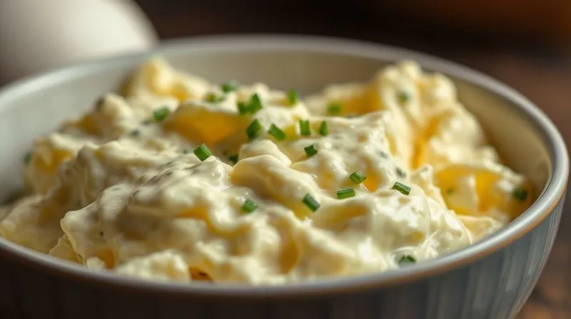 Photorealistic, professional photography, 8K, cinematic lighting, sharp focus, depth of field, shot on a high-end DSLR. A close-up of a traditional, creamy egg salad in a simple bowl, heavily mixed with mayonnaise, with only a few small pieces of chives visible. The lighting is slightly dim, emphasizing a heavier, less vibrant feel, contrasting with a healthy meal.