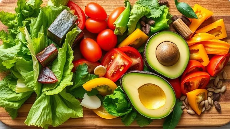 Photorealistic, professional photography, 8K, cinematic lighting, sharp focus, depth of field, shot on a high-end DSLR. A vibrant, overhead shot of a wooden cutting board laden with a colorful assortment of fresh, raw salad ingredients: crisp green lettuce, bright red cherry tomatoes, sliced yellow bell peppers, a perfectly ripe avocado halved, and a scattering of various seeds and nuts. The light is natural and bright, highlighting the freshness and variety.