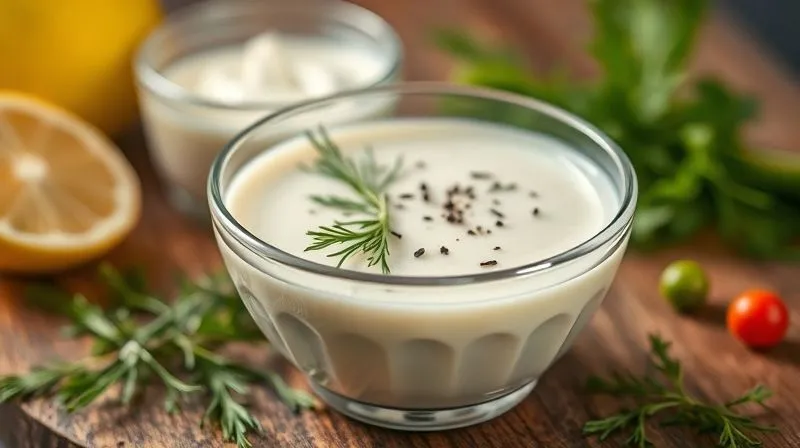 Photorealistic, professional photography, 8K, cinematic lighting, sharp focus, depth of field, shot on a high-end DSLR. A close-up shot of a small, elegant glass bowl filled with a creamy, light-colored salad dressing, garnished with fresh dill and a sprinkle of black pepper. The background shows blurred ingredients like fresh yogurt, lemon, and mustard, suggesting healthy, homemade preparation. The lighting is soft and inviting.