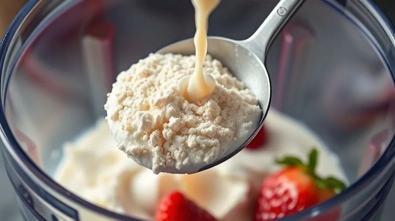 A close-up, photorealistic shot of a scoop of vanilla protein powder being poured into a blender filled with fresh strawberries and Greek yogurt, cinematic lighting highlighting the texture of the powder, sharp focus, depth of field, 8K, professional photography.