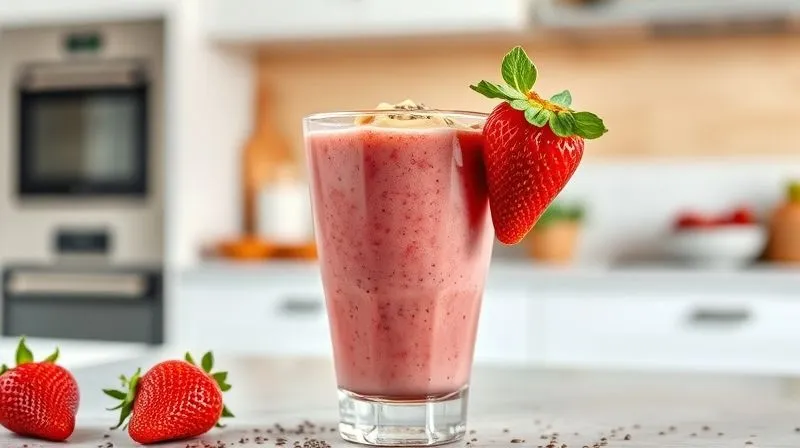 A vibrant strawberry smoothie in a glass, with a swirl of peanut butter on top and sprinkled with chia seeds, set against a bright, modern kitchen background, professional food photography, 8K, sharp focus on the textures, soft natural lighting.