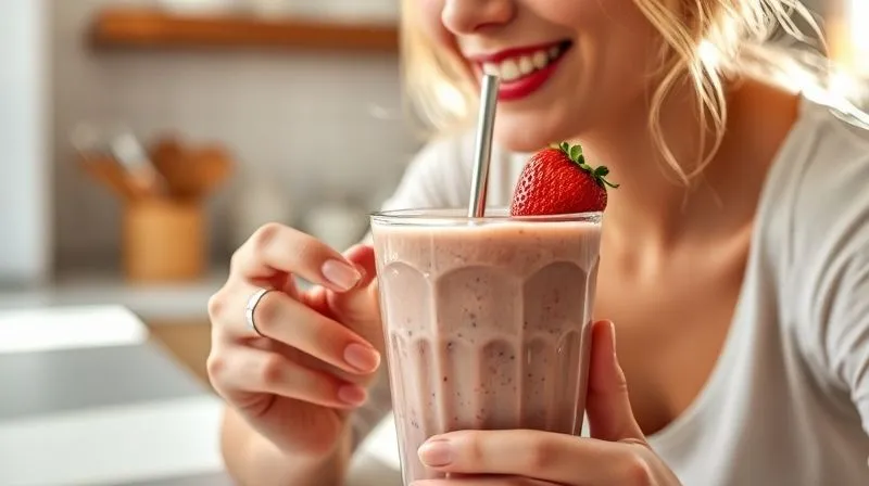 A person slowly enjoying a thick, creamy strawberry smoothie with a metal straw, sitting at a sunlit kitchen counter. The focus is on the smoothie and the person's expression of satisfaction. Photorealistic, professional photography, 8K, soft lighting, depth of field.