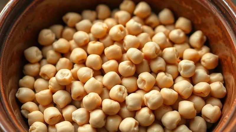 Photorealistic image of perfectly cooked, plump chickpeas, some with skins removed, in a rustic ceramic bowl, ready for hummus preparation, with soft natural light.