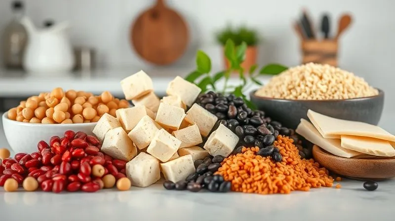 photorealistic, professional photography, 8K, cinematic lighting, sharp focus, depth of field, shot on a high-end DSLR. A vibrant, artfully arranged still life of various plant-based protein sources: cooked chickpeas, red lentils, black beans, firm tofu cubes, tempeh slices, and a bowl of quinoa, all in natural, earthy tones. Soft, diffused light highlights the textures. The background is a clean, minimalist kitchen counter.
