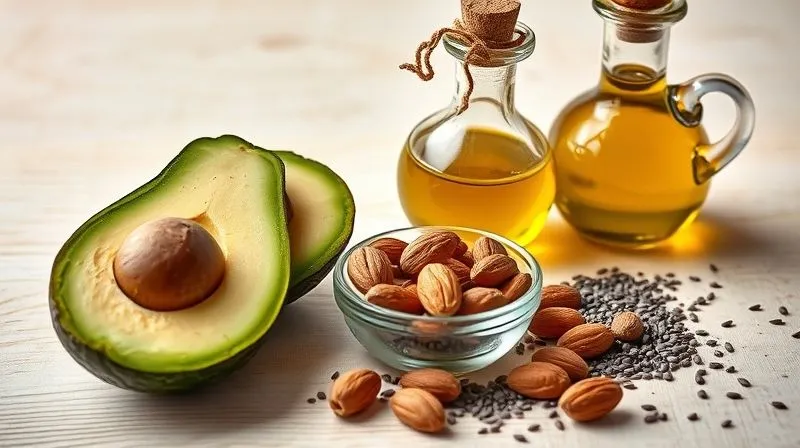 photorealistic, professional photography, 8K, cinematic lighting, sharp focus, depth of field, shot on a high-end DSLR. An elegant display of healthy fats: a sliced avocado, a small bowl of walnuts and almonds, a glass bottle of extra virgin olive oil, and a sprinkle of chia seeds, all on a light wooden background. The lighting is soft and natural, emphasizing the richness and freshness of the ingredients.