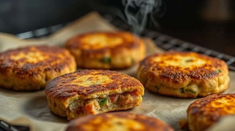 photorealistic, professional photography, 8K, cinematic lighting, sharp focus, depth of field, shot on a high-end DSLR. A close-up shot of perfectly golden-brown vegetarian vegetable cutlets, fresh out of the oven, with a crispy exterior and visible bits of vegetables and grains inside. Steam is subtly rising from one of the cutlets, conveying warmth and freshness. The background shows blurred baking paper and a cooling rack, suggesting a professional kitchen setting.