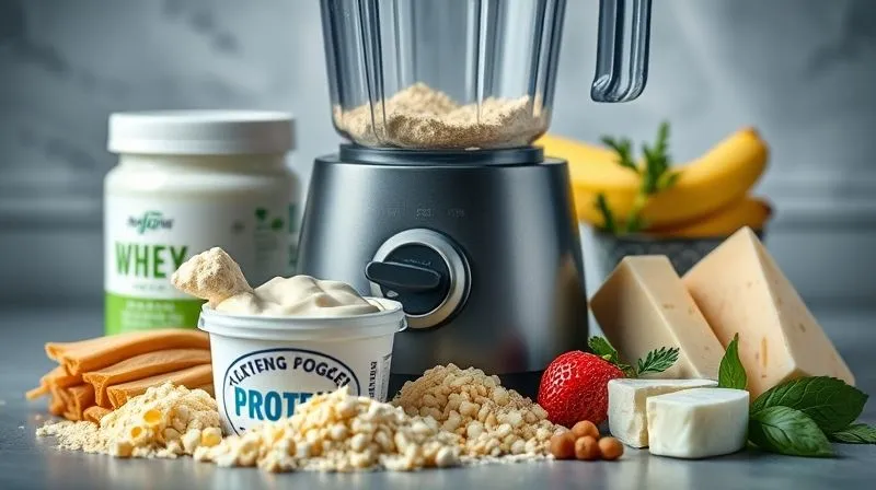 A photorealistic image of various protein sources for a smoothie, including a scoop of protein powder (plant-based and whey), a container of Greek yogurt, and cottage cheese, all arranged aesthetically around a blender. Cinematic lighting, sharp focus on the ingredients, depth of field. 8K, professional photography, shot on a high-end DSLR.