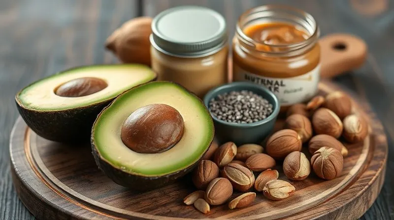 A photorealistic, professional photography, 8K, cinematic lighting, sharp focus, depth of field, shot on a high-end DSLR, showing various healthy fat sources like a sliced avocado, a jar of natural almond butter, a small bowl of chia seeds, and a handful of walnuts, arranged on a rustic wooden board, with a focus on their rich textures and colors.