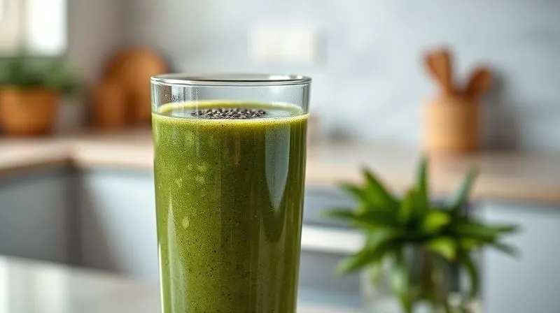 A photorealistic, professional photography, 8K, cinematic lighting, sharp focus, depth of field, shot on a high-end DSLR, of a perfectly blended, thick green smoothie in a tall glass, with a few chia seeds sprinkled on top. The background shows a modern, clean kitchen counter with soft morning light.