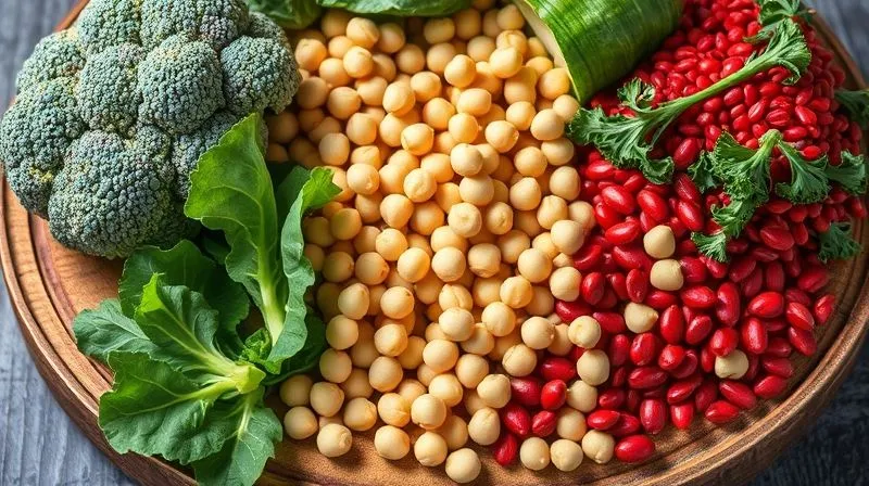 A vibrant, close-up shot of a variety of fresh, colorful vegetables – broccoli florets, kale leaves, chickpeas, and red lentils – artfully arranged on a rustic wooden board, emphasizing their natural textures and health benefits. photorealistic, professional photography, 8K, cinematic lighting, sharp focus, depth of field, shot on a high-end DSLR.
