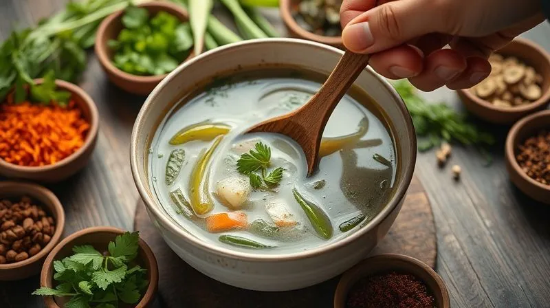 A close-up shot of a hand gently stirring a bowl of vegetable soup with a wooden spoon, surrounded by various fresh herbs and spices in small bowls, creating a sense of mindful cooking and healthy preparation. The lighting is soft and natural, emphasizing the sensory experience of food. photorealistic, professional photography, 8K, cinematic lighting, sharp focus, depth of field, shot on a high-end DSLR.