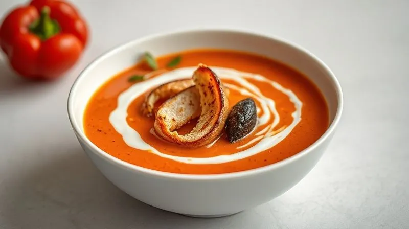 photorealistic, professional photography, 8K, cinematic lighting, sharp focus, depth of field, shot on a high-end DSLR, a vibrant red bell pepper cream soup in a minimalist white bowl, topped with perfectly grilled chicken strips and a swirl of creamy Greek yogurt, steam rising.