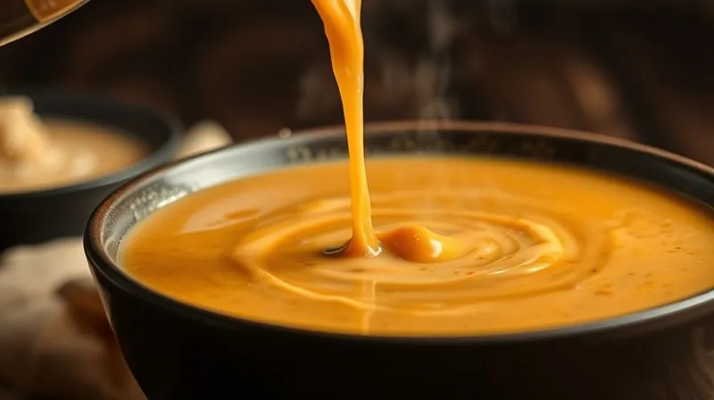 photorealistic, professional photography, 8K, cinematic lighting, sharp focus, depth of field, shot on a high-end DSLR, a thick, rich, creamy bell pepper soup being poured into a bowl, showing its luxurious texture, with steam rising, on a dark wooden background.