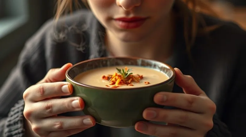 photorealistic, professional photography, 8K, cinematic lighting, sharp focus, depth of field, shot on a high-end DSLR, a person slowly and mindfully enjoying a beautifully garnished bowl of bell pepper cream soup, with a soft focus on their calm expression and the steam rising from the bowl, natural light.