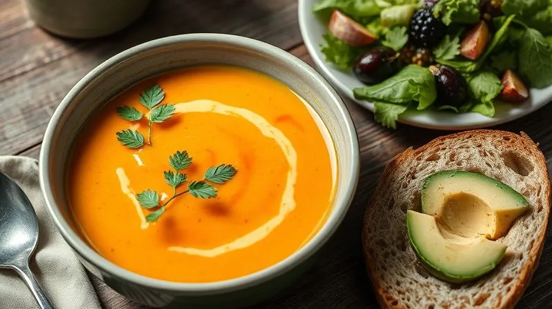 photorealistic, professional photography, 8K, cinematic lighting, sharp focus, depth of field, shot on a high-end DSLR, a beautifully arranged meal plan featuring a bowl of vibrant bell pepper cream soup, alongside a small portion of whole-grain bread with avocado, and a fresh green salad, all on a rustic wooden table, natural light.