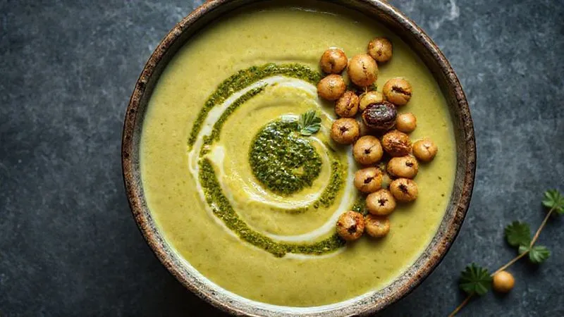 A professional overhead shot of a beautifully presented bowl of creamy celery soup, with a swirl of fresh pesto and crunchy roasted chickpeas on top. The composition highlights contrasting textures and vibrant colors. 8K, sharp focus, cinematic lighting.