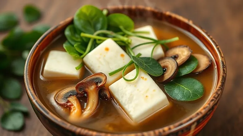 A vibrant, photorealistic bowl of miso soup brimming with colorful, healthy ingredients: large pieces of firm tofu, bright green wakame, thinly sliced shiitake mushrooms, and fresh spinach leaves. The composition is artfully arranged, showcasing the rich textures and natural colors, with steam gently rising. Cinematic lighting, sharp focus on the ingredients, depth of field blurring a clean, minimalist background. 8K hyper-detailed, professional photography, shot on a high-end DSLR.