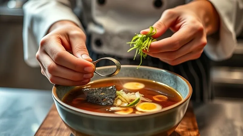 A chef's hands, in a professional kitchen setting, delicately adding thinly sliced green onions and a sprinkle of nori seaweed strips to a perfectly prepared, steaming bowl of miso soup. The focus is on the precision and care of the culinary process. Cinematic lighting highlights the steam and the fresh, vibrant ingredients. Sharp focus, depth of field blurring the background of a clean, modern kitchen. 8K hyper-detailed, professional photography, shot on a high-end DSLR.