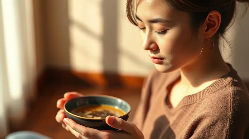 A serene, photorealistic image of a person mindfully enjoying a bowl of miso soup in a minimalist, warm-toned setting. Their eyes are gently closed, or they are looking contemplatively at the soup, indicating focus and appreciation. Soft, natural light illuminates the scene, creating a sense of calm and well-being. Sharp focus on the person and the bowl, with a gentle depth of field blurring the background. 8K hyper-detailed, professional photography, shot on a high-end DSLR, evoking a sense of peace and nourishment.