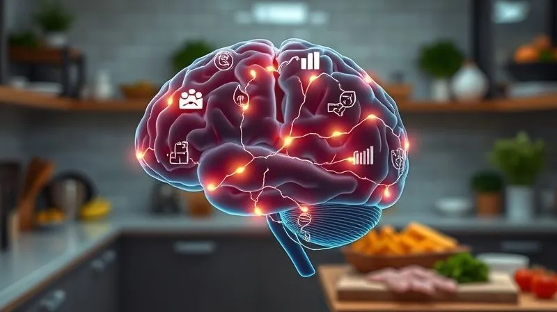 photorealistic, professional photography, 8K, cinematic lighting, sharp focus, depth of field, shot on a high-end DSLR, a human brain diagram with glowing neural pathways, overlaid with subtle icons representing protein, fiber, and healthy fats, illustrating the complex interplay of nutrients and hormones in satiety. The background is a blurred, healthy kitchen environment, conveying scientific yet approachable insight. No text, no logos.