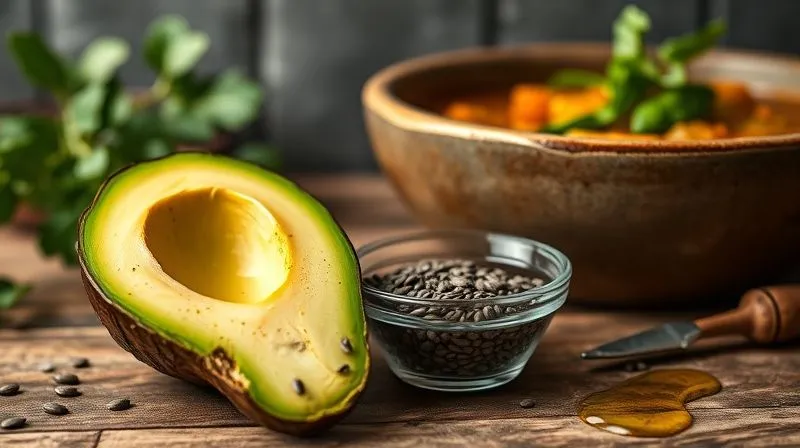 photorealistic, professional photography, 8K, cinematic lighting, sharp focus, depth of field, shot on a high-end DSLR, a single ripe avocado half with its pit, a small glass bowl of chia seeds, and a drizzle of golden extra virgin olive oil, artfully arranged next to a rustic bowl of vegetable soup (out of focus in the background). The focus is on the healthy fats, emphasizing their natural and wholesome quality. No text, no logos.