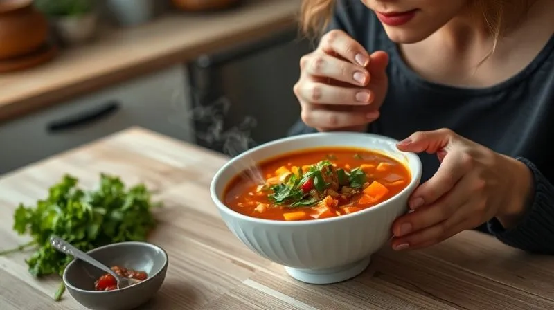 photorealistic, professional photography, 8K, cinematic lighting, sharp focus, depth of field, shot on a high-end DSLR, a person slowly and mindfully enjoying a vibrant, beautifully garnished bowl of vegetable soup, with steam rising. The setting is a serene, minimalist kitchen table, bathed in soft, natural light. The focus is on the act of conscious eating, emphasizing tranquility and satisfaction. No text, no logos.