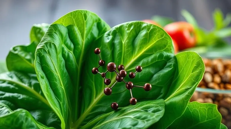 Photorealistic image of a vibrant green spinach leaf with microscopic iron particles highlighted, surrounded by a complex web of molecular structures representing oxalates, set against a backdrop of blurred, healthy vegan ingredients. Professional photography, 8K, cinematic lighting, sharp focus, depth of field, shot on a high-end DSLR.