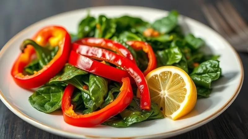 Photorealistic, professional photography, 8K, cinematic lighting, sharp focus, depth of field, shot on a high-end DSLR of a vibrant plate with freshly braised spinach, alongside bright red bell pepper strips and juicy lemon wedges, casting a warm, inviting glow. The composition emphasizes the synergy of ingredients for health.