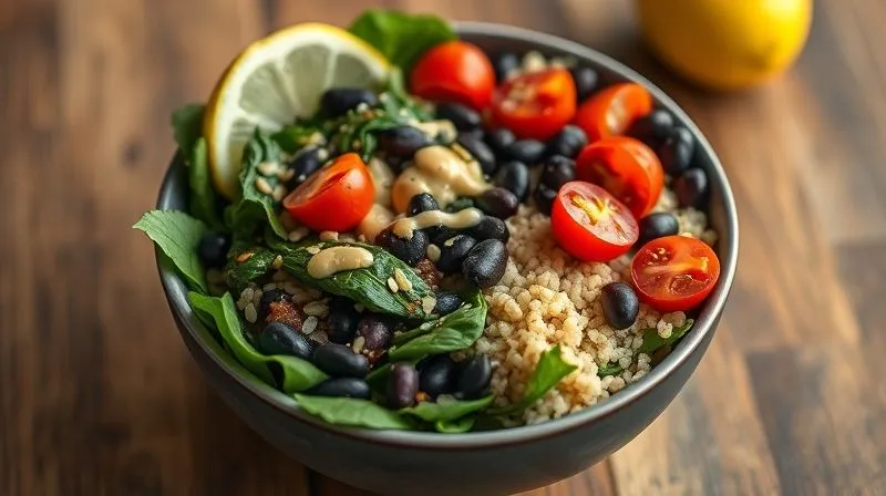 Photorealistic, professional photography, 8K, cinematic lighting, sharp focus, depth of field, shot on a high-end DSLR of a beautifully arranged vegan buddha bowl featuring braised spinach, black beans, quinoa, cherry tomatoes, and a vibrant lemon-tahini dressing, emphasizing a balanced and nutrient-rich meal.