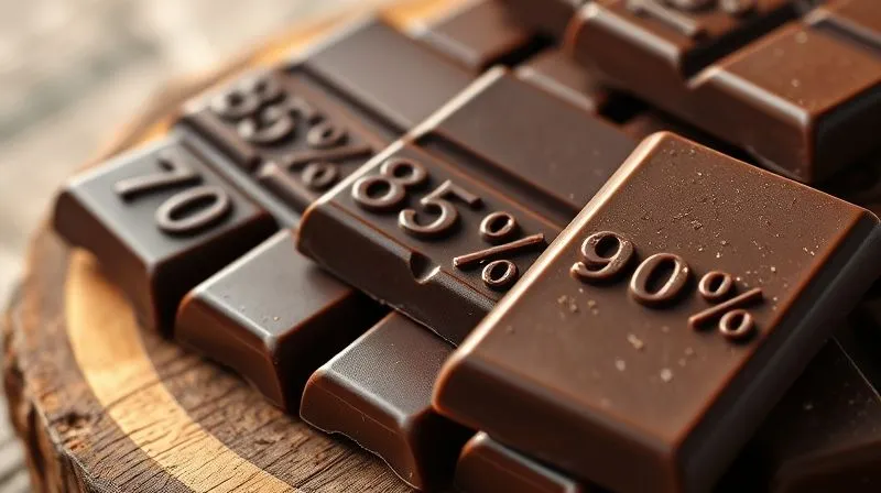 A close-up, photorealistic image of different dark chocolate bars, each clearly showing a different percentage of cocoa (e.g., 70%, 85%, 99%), arranged on a rustic wooden board, with soft, natural light highlighting their textures, emphasizing the visual difference in cocoa content.