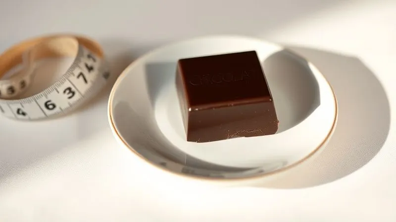 A single square of dark chocolate, perfectly portioned, resting on a small, elegant plate next to a measuring tape, emphasizing controlled indulgence and mindful eating. The background is soft and inviting, with gentle, cinematic lighting.