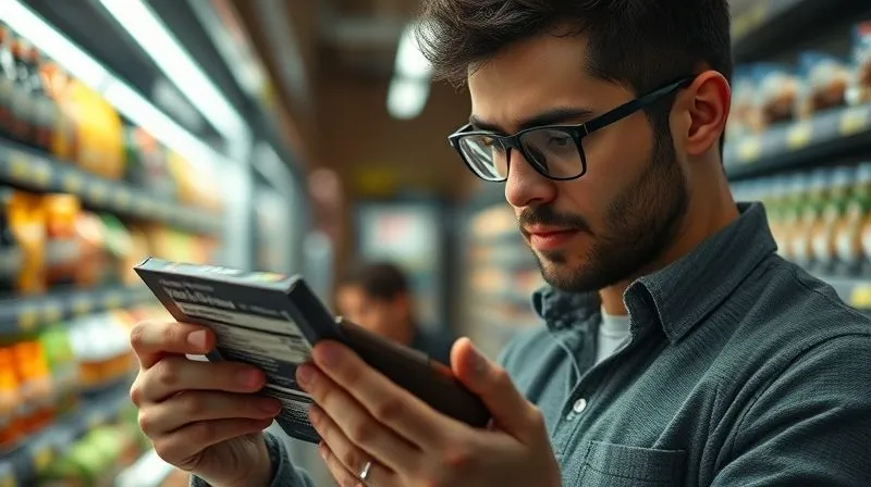 A person meticulously reading the nutrition label on a dark chocolate bar in a well-lit grocery store aisle, with a focused and thoughtful expression, emphasizing informed choices and careful selection of ingredients. Cinematic lighting highlights the product details.