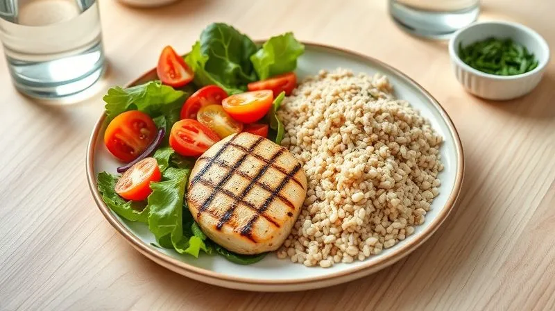 A photorealistic image of a balanced meal plate, half filled with a colorful salad, a quarter with grilled chicken breast, and a quarter with a portion of buckwheat. The plate is on a light wooden table, with a glass of water and a small bowl of herbs nearby. The lighting is soft and natural, emphasizing freshness and health. Sharp focus on the food, with a gentle depth of field. 8K, professional photography, shot on a high-end DSLR.