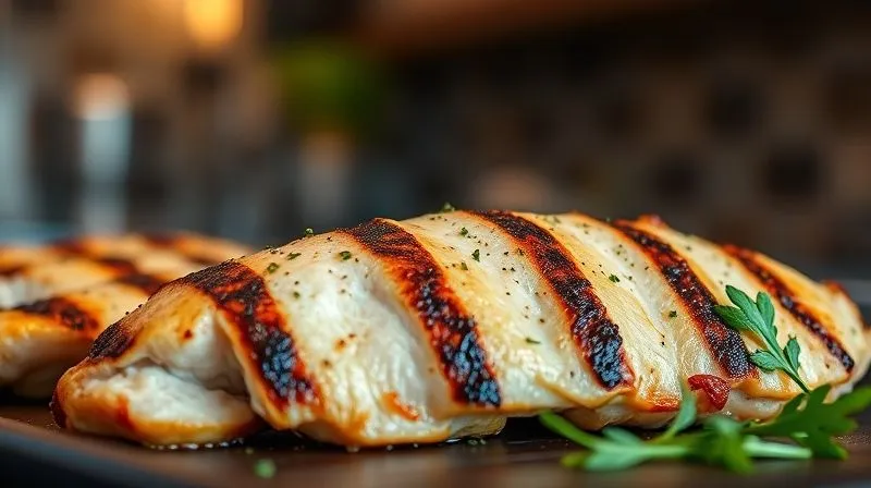 A professional, photorealistic close-up of perfectly grilled chicken breast, seasoned with fresh herbs and spices, glistening slightly, with a blurred background of a modern kitchen. The lighting is warm and inviting, emphasizing texture and deliciousness. Sharp focus on the chicken. 8K, cinematic lighting, depth of field, shot on a high-end DSLR.