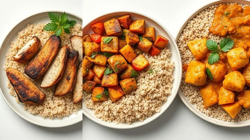 A photorealistic, professional photography of three separate, beautifully plated healthy meals. One plate features buckwheat with grilled chicken and roasted vegetables. Another shows bulgur with oriental chicken stir-fry. The third displays millet with chicken curry. Each meal is vibrant, fresh, and perfectly portioned, arranged on a light background. Cinematic lighting, sharp focus on the food, depth of field. 8K, shot on a high-end DSLR, conveying variety and deliciousness.