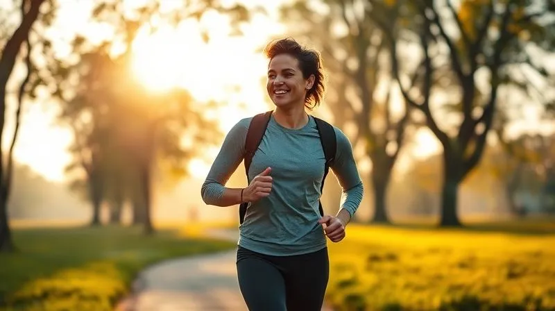 A photorealistic image of a person enjoying a brisk walk in a lush park during sunrise. The lighting is golden and cinematic, casting long shadows. The person is wearing modern athletic wear, smiling, and looks energetic. Sharp focus on the person, with a beautiful depth of field blurring the background of trees and morning mist. 8K, professional photography, shot on a high-end DSLR, conveying health, vitality, and the joy of movement.