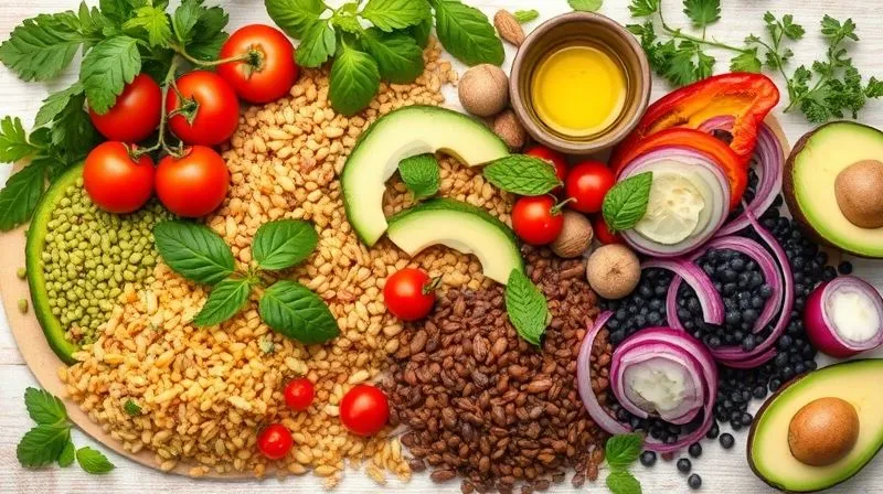 A vibrant flat lay of various fresh ingredients for a lentil salad, including different types of lentils (green, brown, black), colorful vegetables like cherry tomatoes, bell peppers, cucumber, red onion, fresh herbs like parsley and mint, and healthy fats such as avocado slices and a small bowl of olive oil. The ingredients are professionally arranged on a light wooden background, suggesting health and deliciousness, photorealistic, professional photography, 8K, cinematic lighting, sharp focus, depth of field.