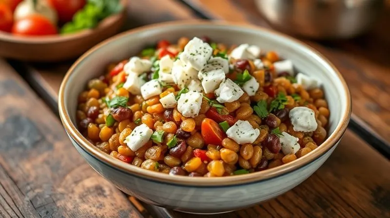 A close-up, photorealistic image of the Mediterranean Lentil Salad with Feta, showcasing its vibrant colors and textures, with crumbled feta cheese on top, fresh herbs, and glistening olive oil dressing. The salad is presented in an elegant ceramic bowl on a rustic wooden table, ready to be eaten. Photorealistic, professional photography, 8K, cinematic lighting, sharp focus, depth of field.