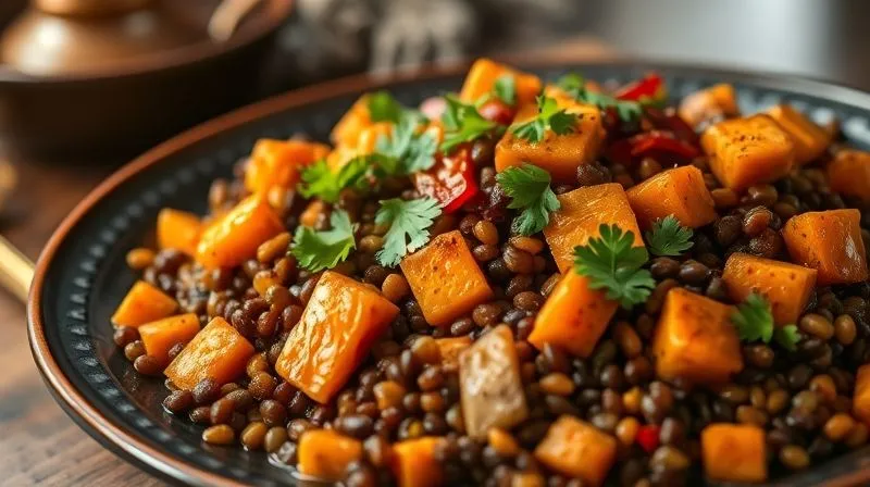 A beautifully plated Oriental Lentil Salad with Curry and roasted vegetables, steam gently rising from the warm dish. The vibrant orange of the roasted carrots and red peppers contrasts with the dark lentils, garnished with fresh cilantro. The setting suggests an inviting, aromatic meal. Photorealistic, professional photography, 8K, cinematic lighting, sharp focus, depth of field.