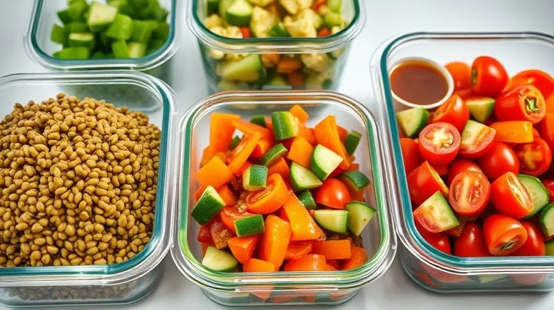 A neatly organized meal prep station with several glass containers filled with prepped lentil salad ingredients. One container holds cooked green lentils, another has chopped colorful vegetables (bell peppers, cucumbers, cherry tomatoes), and a third contains a small portion of homemade dressing. The setup suggests efficiency, healthy eating, and a modern kitchen. Photorealistic, professional photography, 8K, cinematic lighting, sharp focus, depth of field.