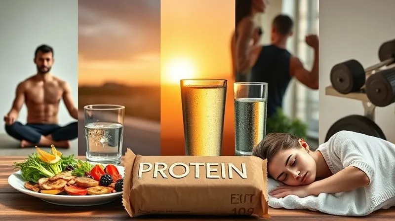 Photorealistic, professional photography, 8K, cinematic lighting, sharp focus, depth of field, shot on a high-end DSLR of a collage of elements representing a holistic approach to fat burning: a person meditating, a plate of healthy food, a person lifting weights, a glass of water, and a person sleeping peacefully, all surrounding a stylized protein bar. The mood is balanced and harmonious.