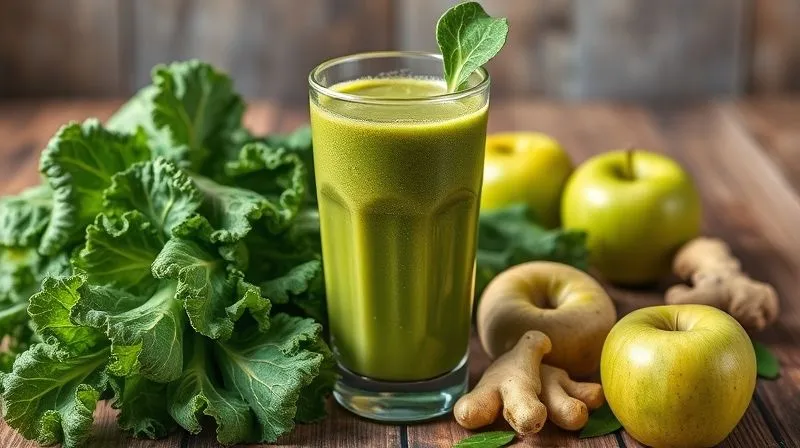 A photorealistic, professional photography shot of a vibrant, freshly prepared green kale juice in an elegant glass, surrounded by fresh kale leaves, green apples, and ginger on a rustic wooden table. The scene evokes freshness, health, and vitality. Soft, natural cinematic lighting highlights the texture of the ingredients. Sharp focus on the juice glass, with a gentle depth of field blurring the background. 8K hyper-detailed, shot on a high-end DSLR.