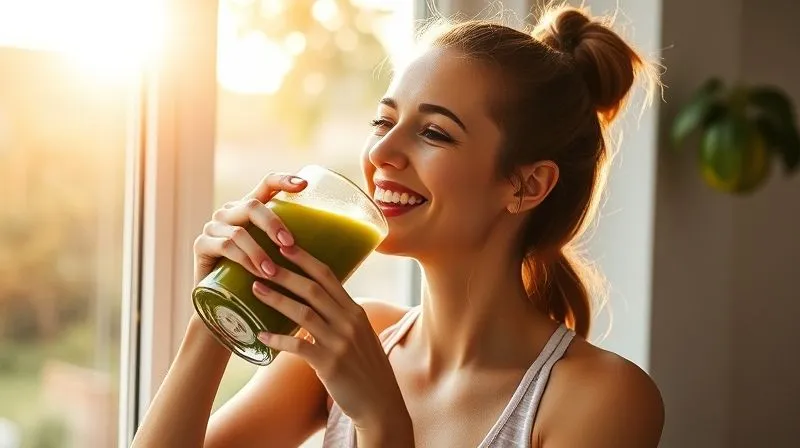 Photorealistic image of a woman joyfully drinking a green juice after a light morning workout, sunlight streaming through a window, feeling refreshed and energized. Professional photography, 8K, cinematic lighting, sharp focus, depth of field.