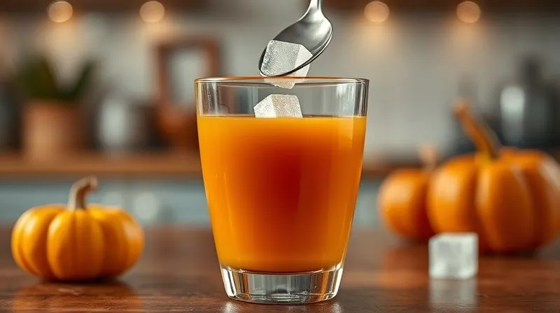 Photorealistic, professional photography, 8K, cinematic lighting, sharp focus, depth of field, shot on a high-end DSLR. A vibrant orange pumpkin juice in an elegant glass, with a single spoonful of glistening sugar cubes subtly falling into it, creating a ripple. The background is a soft-focus kitchen counter, indicating a domestic setting but with a hint of hidden sweetness. The lighting should emphasize the contrast between the natural juice and the artificial sugar.