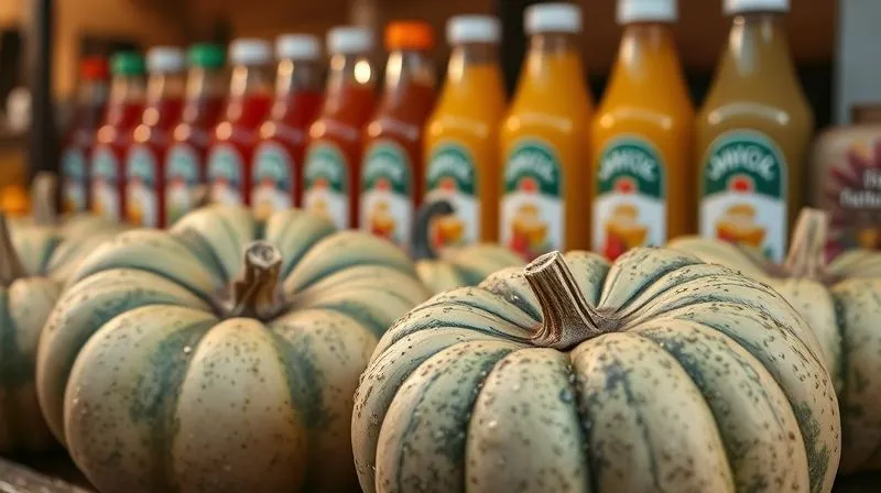 Photorealistic, professional photography, 8K, cinematic lighting, sharp focus, depth of field, shot on a high-end DSLR. A close-up of beautifully fresh, organic pumpkins on a wooden market stall, bathed in warm, natural light, with dew drops glistening on their skin. In the background, slightly out of focus, are generic, mass-produced juice bottles with busy labels, symbolizing the contrast between natural quality and processed alternatives. The image should evoke a sense of wholesome, natural goodness.