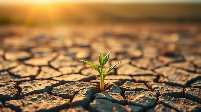 Photorealistic, professional photography, 8K, cinematic lighting, sharp focus, depth of field, shot on a high-end DSLR. A single, small, vibrant green sprout pushing through cracked, dry earth, with soft, golden sunlight illuminating it from above. The background shows a vast, slightly blurred landscape of a field, symbolizing the long journey of growth and transformation. The image should convey hope, resilience, and the power of consistent, patient effort over time, without being overtly about weight loss.