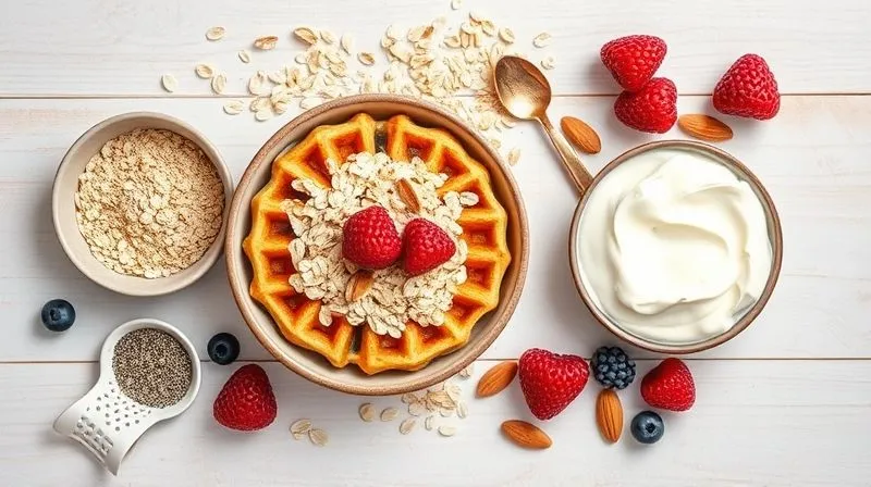 A vibrant, photorealistic flat lay of protein waffle ingredients: a bowl of protein powder, a handful of oats, a spoon of chia seeds, a dollop of Greek yogurt, a few almonds, and fresh berries. All arranged aesthetically on a light wooden background with soft, natural lighting, sharp focus on the ingredients, 8K hyper-detailed, professional photography.