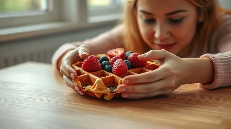 A close-up, photorealistic shot of a person's hands gently holding a protein waffle with fresh berries, sitting at a clean, minimalist wooden table. The person's eyes are looking down at the waffle with a calm, focused expression, suggesting mindful eating. Soft, natural light streams in from a window, creating a serene and inviting atmosphere. Sharp focus on the hands and waffle, 8K hyper-detailed, professional photography.