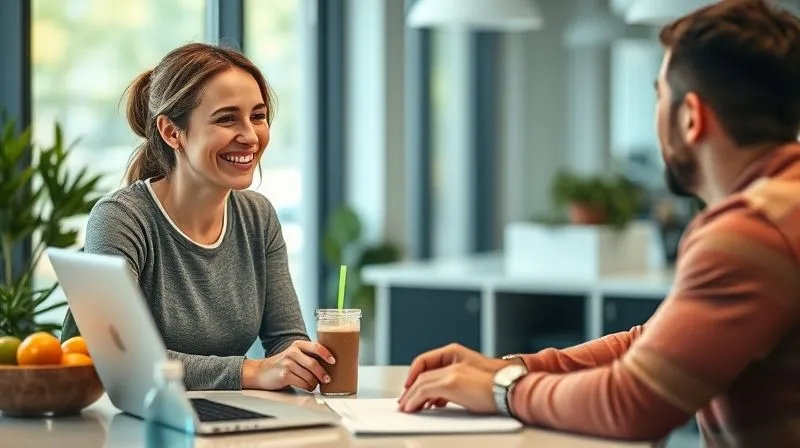A professional, candid shot of a friendly female nutritionist or fitness coach (late 30s-early 40s, fit, warm smile) talking to a client (male or female, attentive, engaged) across a modern, bright office desk. There are healthy food items (fruits, a protein shake) and a laptop with a nutrition plan visible on the desk. Cinematic lighting, sharp focus on faces, depth of field blurring the background, 8K hyper-detailed, professional photography.